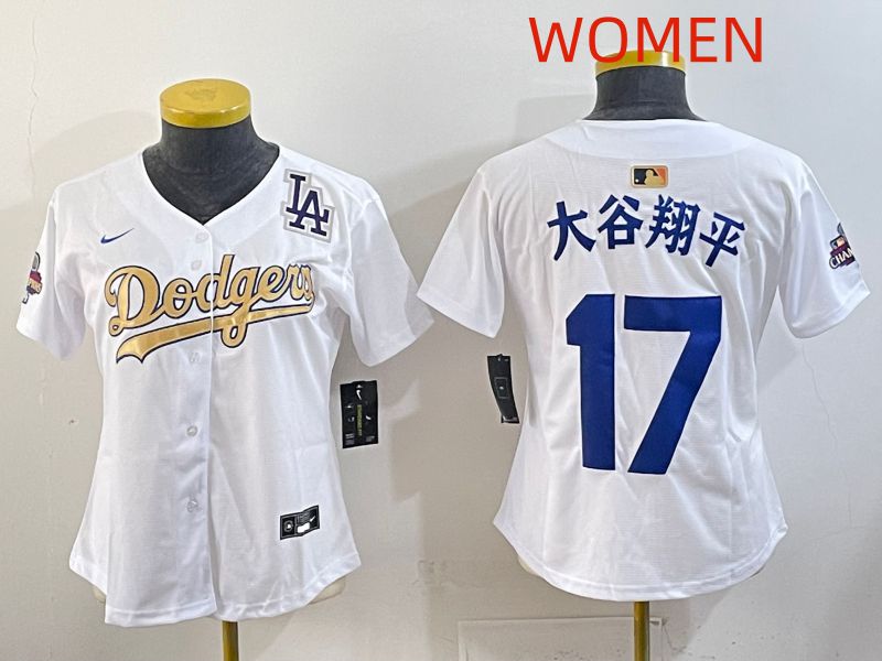Women Los Angeles Dodgers #17 Ohtani White Champion edition Nike MLB Jersey style 005->women mlb jersey->Women Jersey